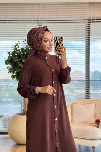 26640 Ön Metal Düğmeli Uzun Tunik Takım Kahve