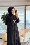 26666 Elbise Üstü Abaya İnci İşli 2li Takım Siyah