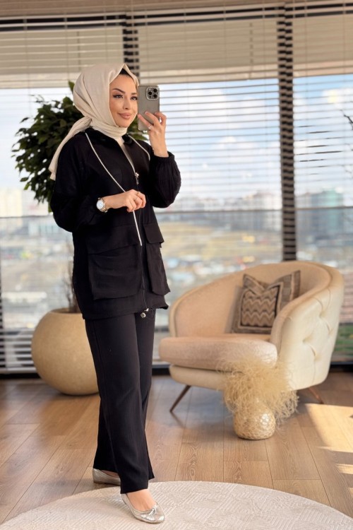 2674 Simli Kordon Detaylı Takım Siyah
