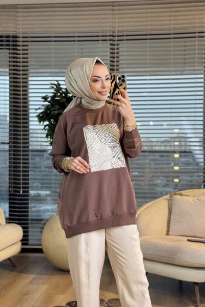 2683 Baskı Ve Nakış Detaylı SweatShirt Toprak