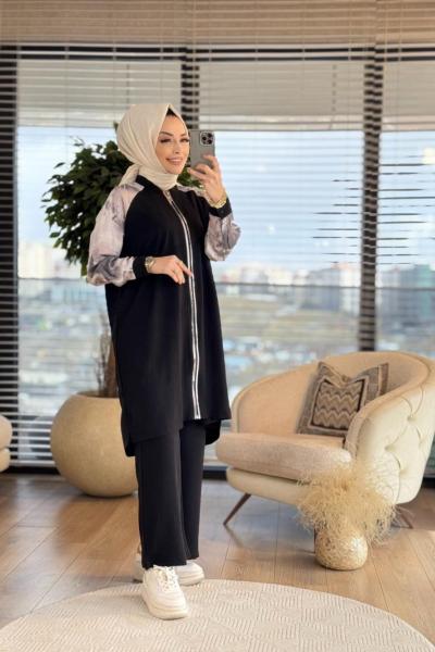 2688 Garni Detaylı Fermuarlı Takım Siyah