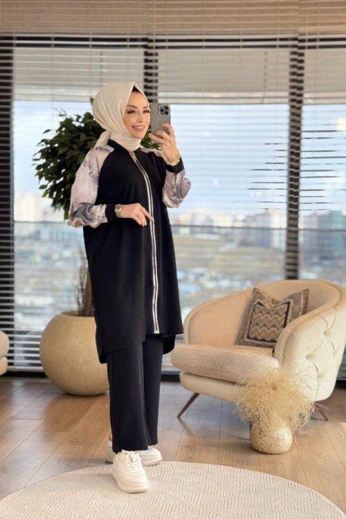 2688 Garni Detaylı Fermuarlı Takım Siyah