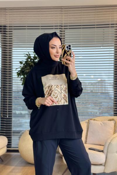 2695  Baskısı Pul Detaylı Sweatshırt Siyah