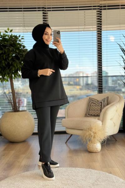 2696 Kolları Dantel Garnili Takım Siyah