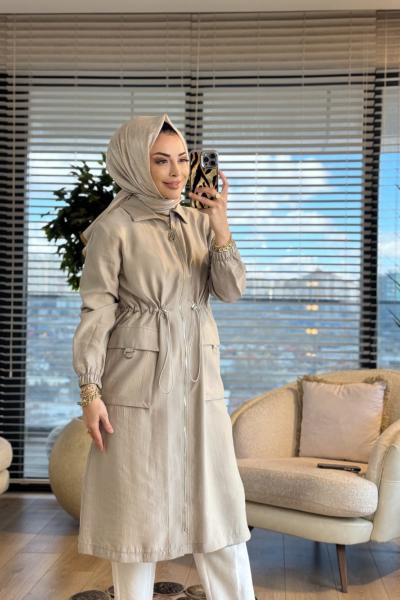 26YT501 Beli Büzgülü Fermuarlı Kap Taş