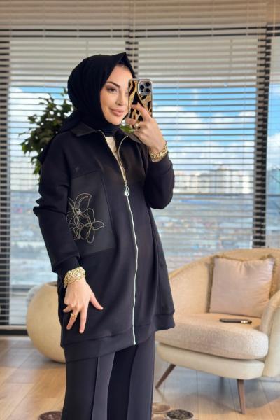 26YT601 Sol Taraf Zincir Detay Fermuarlı Takım Siyah