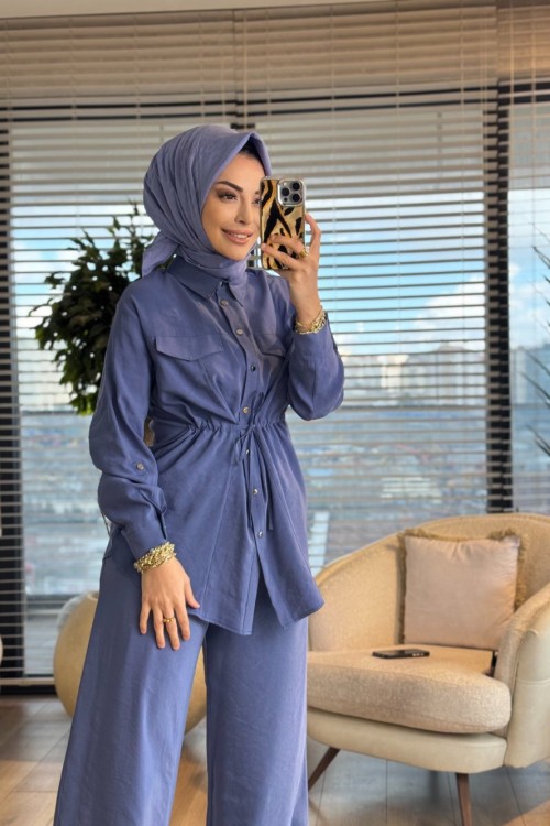 26YT619  Ön Cep Detaylı Beli Büzgülü Takım İndigo