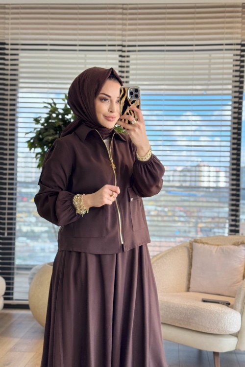 26YT621 Ön Cep Ve Fermuarlı Etekli Takım Kahve