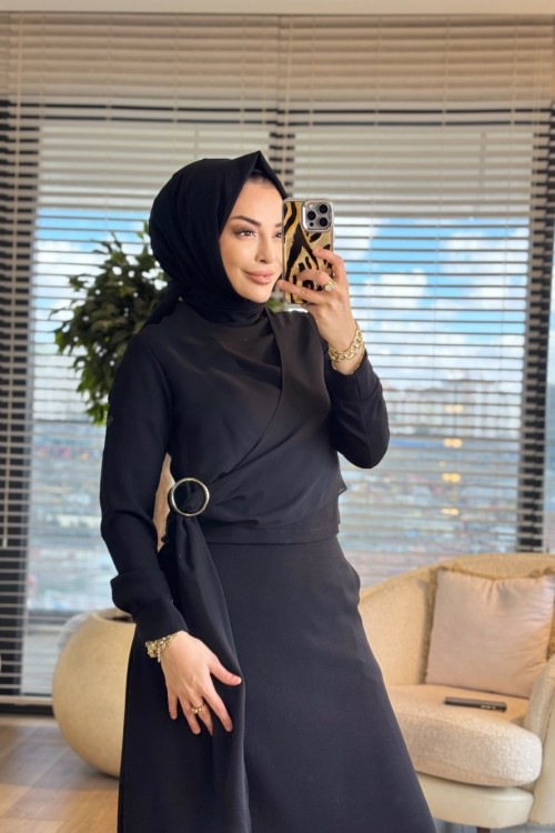 26YT641 Ön Şifon Parçalı Etekli Takım Siyah