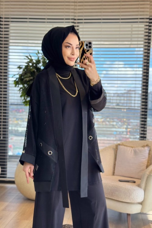 26YT670 Üstü File Ceket İkili Takım Siyah