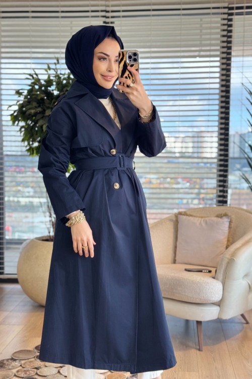 26YT706 Dört Düğme Kemerli Trenç Lacivert