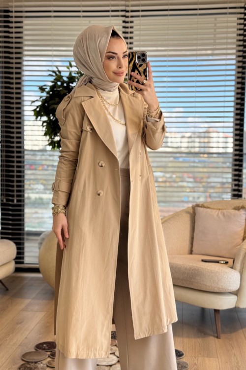 26YT707 Dört Düğme Apoletli Trenç Bej