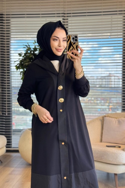 26YT805 Kapşonlu Gold Düğmeli Kap Siyah