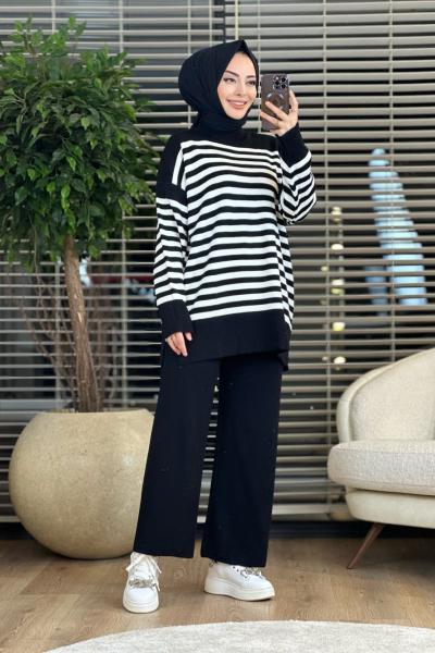 2700 Enine Çizgili Triko Tunik Siyah