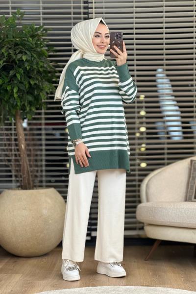 2700 Enine Çizgili Triko Tunik Çağla