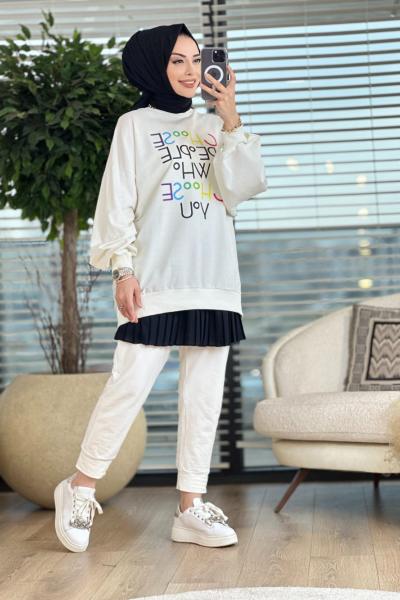 270039 Ön Renkli Yazılı Sweat Ekru