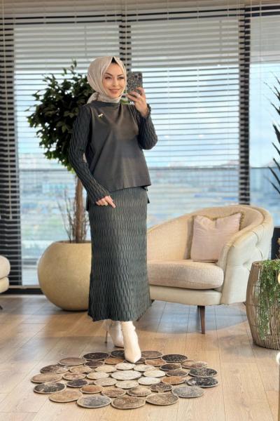 271 Mandal Desenli Triko Etekli Takım Haki