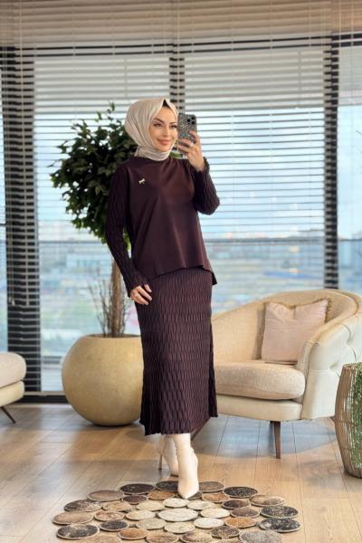 271 Mandal Desenli Triko Etekli Takım Kahve