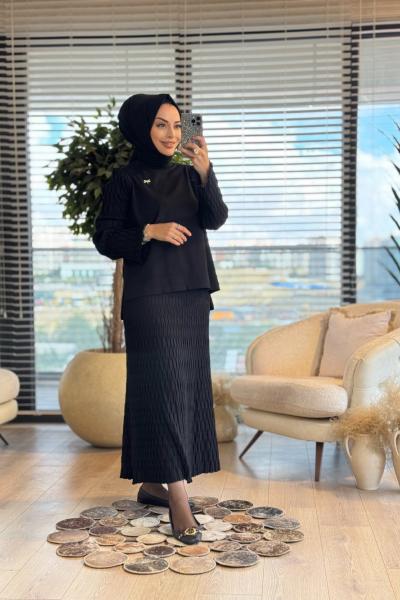 271 Mandal Desenli Triko Etekli Takım Siyah