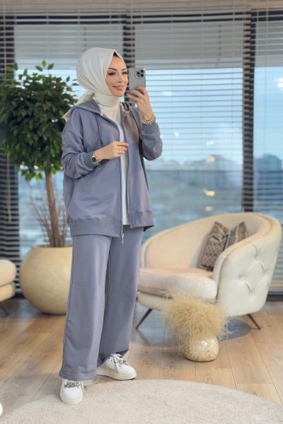 2726 Cep Detaylı Bol Paça Pantolon Takım Gri