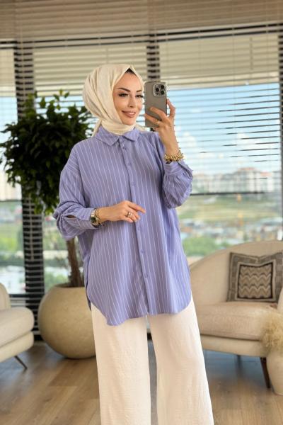 27268 Çizgili Basic Gömlek İndigo