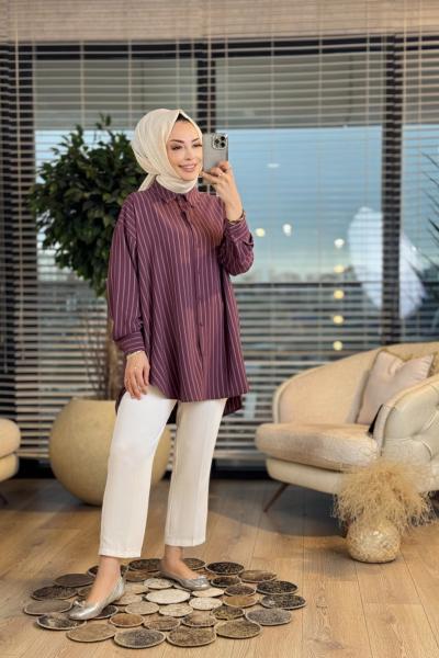27268 Çizgili Basic Gömlek Bordo