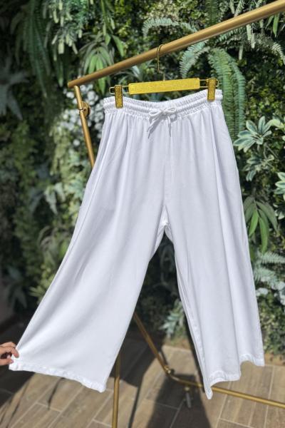 2738 Bel Lastikli Bol Paça Kot Pantolon Beyaz