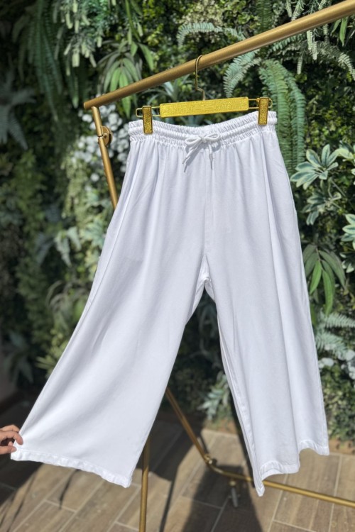2738 Bel Lastikli Bol Paça Kot Pantolon Beyaz