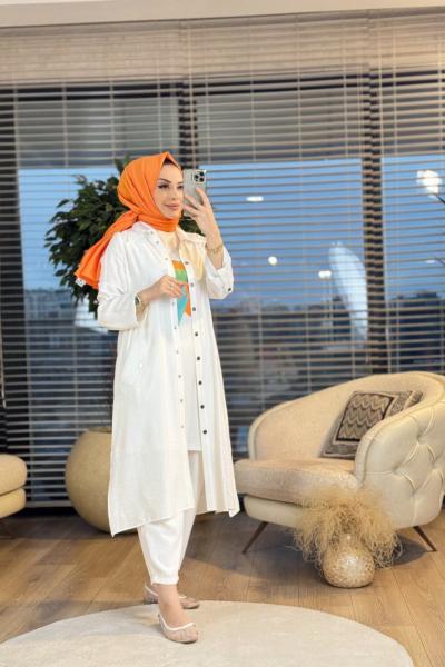 2753 Üst Keten Kap İç Bluz 2li Takım Ekru