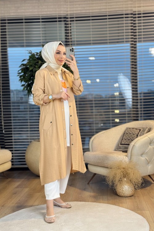 2753 Üst Keten Kap İç Bluz 2li Takım Latte