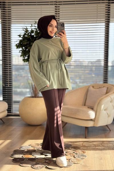 2755 Dikiş Detaylı Yırtmaçlı Sweat Çağla