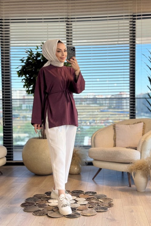 2755 Dikiş Detaylı Yırtmaçlı Sweat Mürdüm