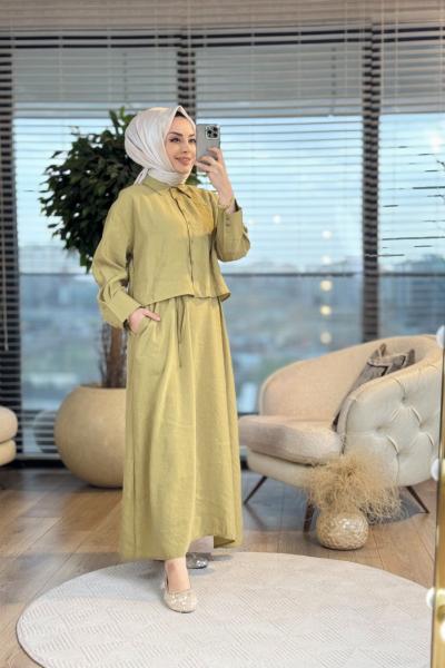 2770 Beli Kuşaklı Elbise 2li Takım Yağ Yeşili