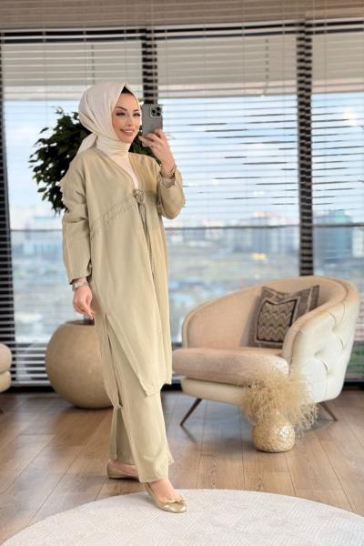 2771 Süs Dikiş Detaylı Bağcıklı Takım Haki