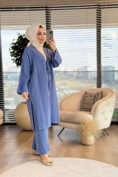 2771 Süs Dikiş Detaylı Bağcıklı Takım İndigo
