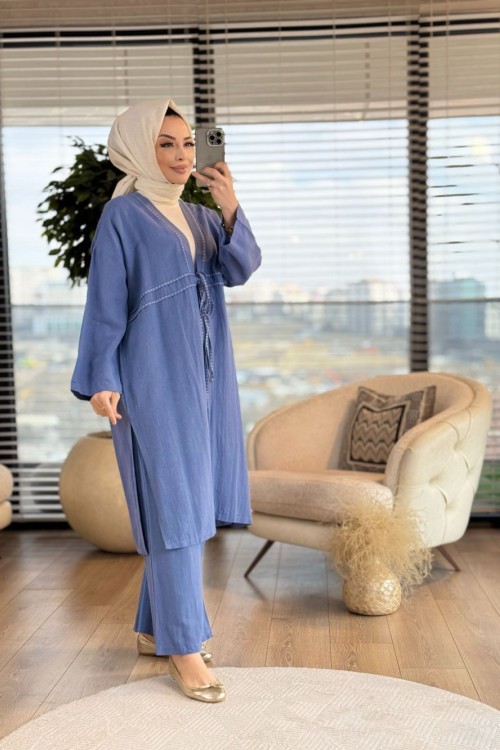2771 Süs Dikiş Detaylı Bağcıklı Takım İndigo