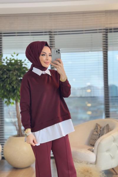2773 Gömlek Parçalı Sweatshirt Bordo