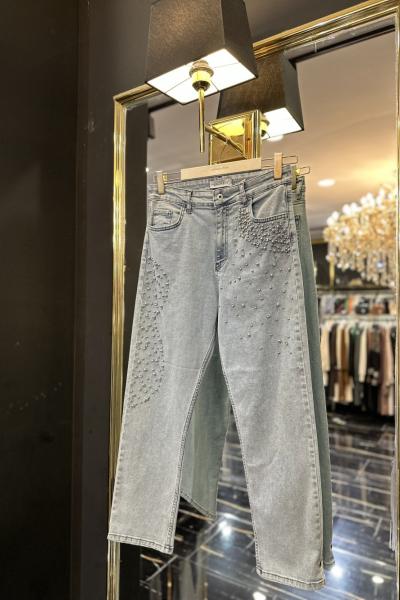2779 Ön İnci Ve Taş İşlemeli Kot Pantolon Mavi