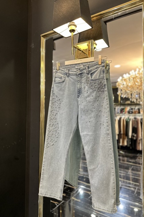 2779 Ön İnci Ve Taş İşlemeli Kot Pantolon Mavi