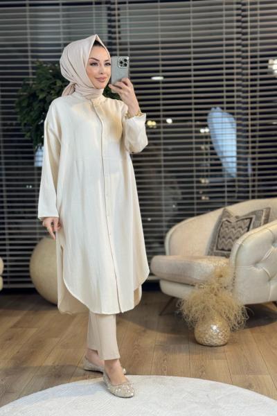 2784 Midi Boy Hakim Yaka Gömlek Bej