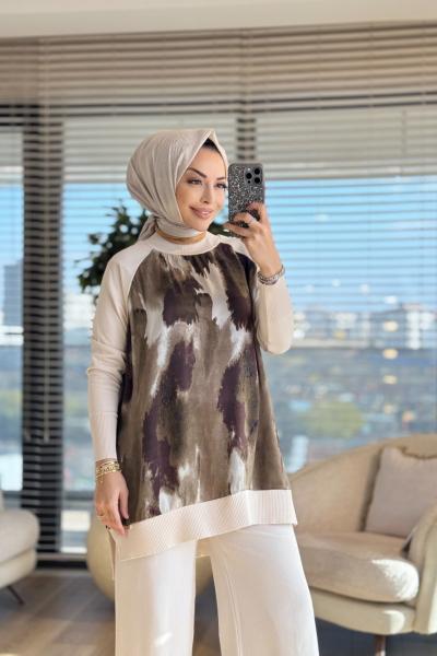 279 Ön Arka Batık Desen Triko Tunik Bej