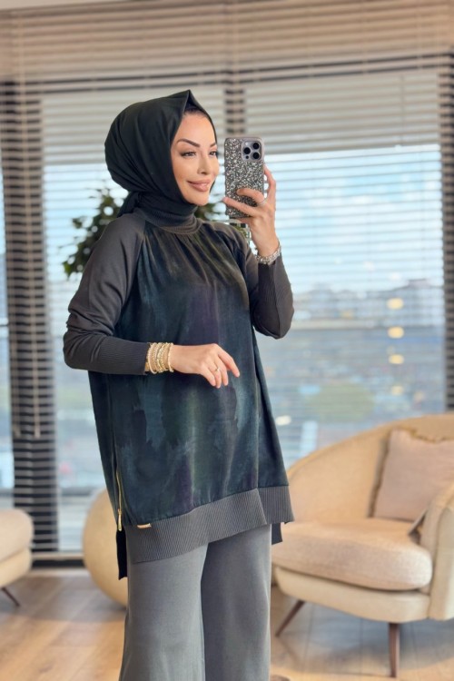 279 Ön Arka Batık Desen Triko Tunik Haki