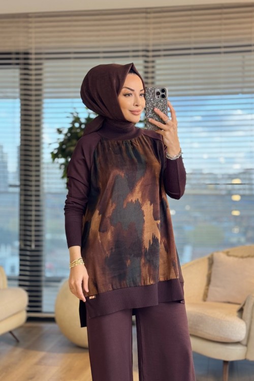 279 Ön Arka Batık Desen Triko Tunik Kahve