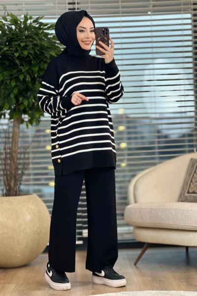 2790 Çizgili Yanı Düğmeli Triko Tunik Siyah