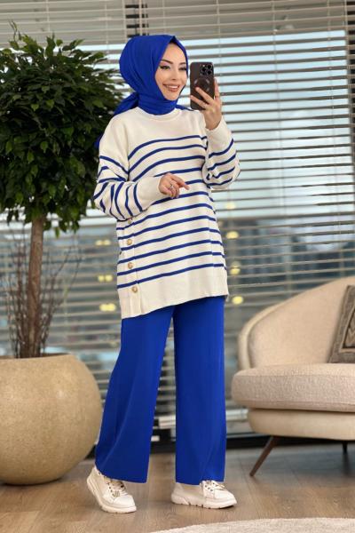 2790 Çizgili Yanı Düğmeli Triko Tunik Ekru Saks