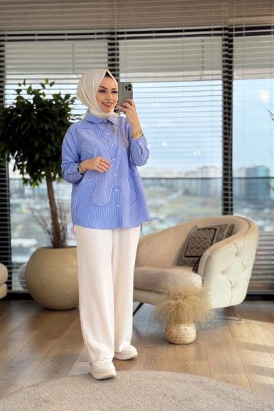 2791 Asimetrik Nakışı Taş Detaylı Gömlek Mavi