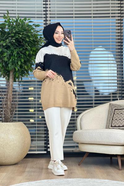 2794 Üç Renk Verev Desenli Triko Tunik Ekru Siyah