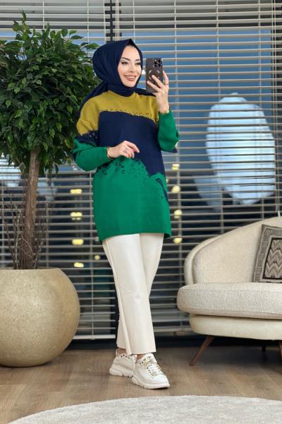 2794 Üç Renk Verev Desenli Triko Tunik Yağ Yeşili