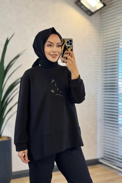 27QW1000 Önü Kuş Nakışlı Sweat Siyah