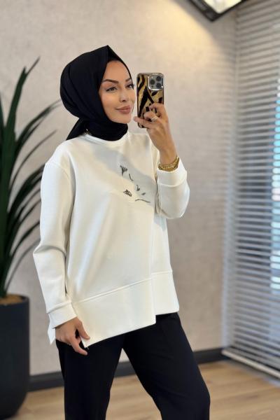 27QW1000 Önü Kuş Nakışlı Sweat Ekru